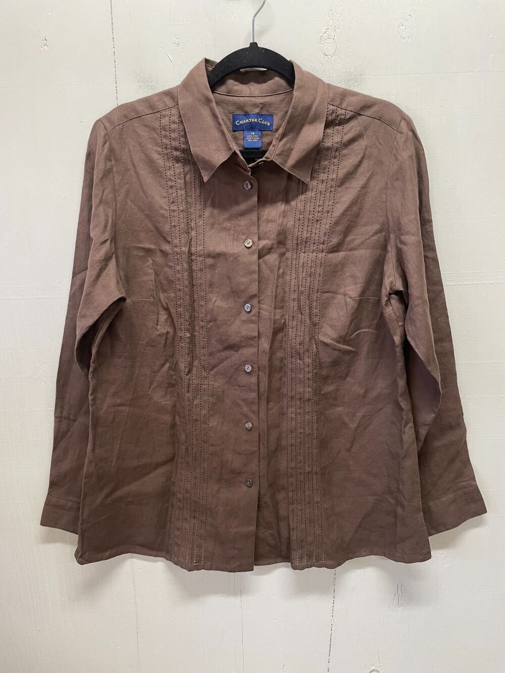 Charter Club Women's 100% Linen Blouse Long Sleeves Size 14 Pintuck Pleat Detail